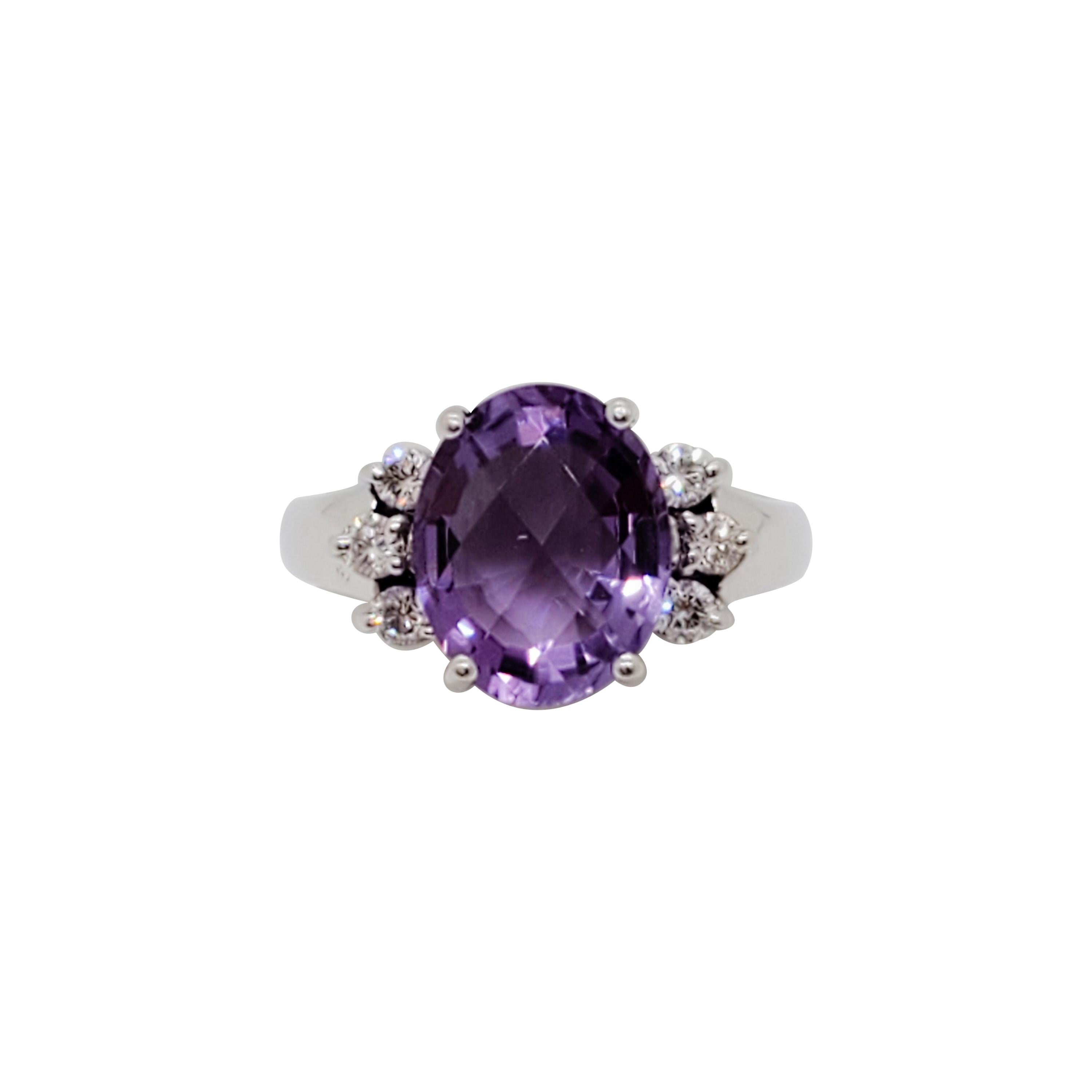 Amethyst and White Diamond Round Cocktail Ring in Platinum