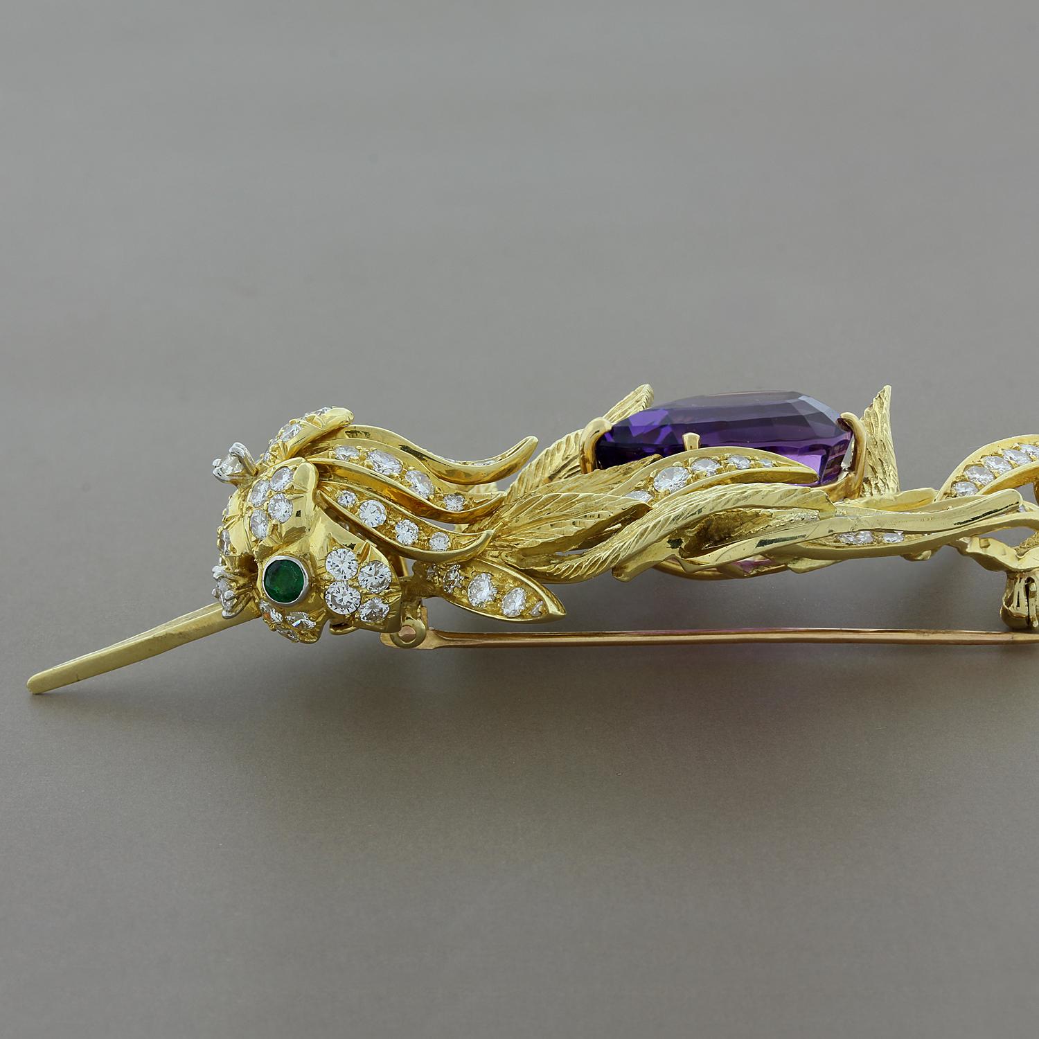 Estate Amethyst Diamond Emerald Gold Hummingbird Brooch In Excellent Condition For Sale In Beverly Hills, CA