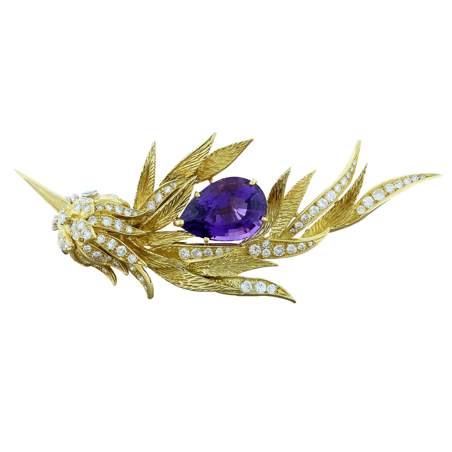 Estate Amethyst Diamond Emerald Gold Hummingbird Brooch For Sale
