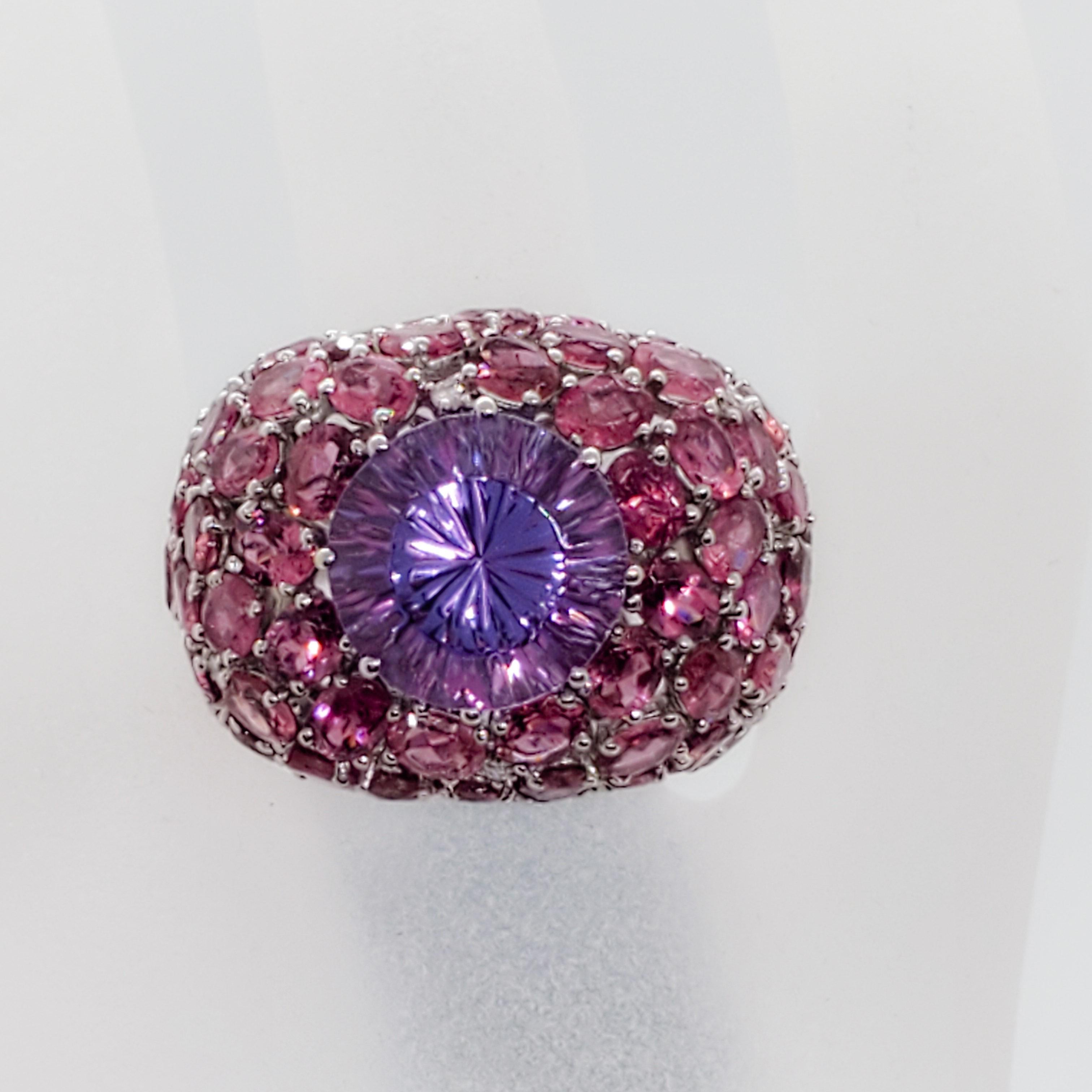 Round Cut Estate Amethyst Round and Pink Tourmaline Cocktail Ring with White Diamonds For Sale
