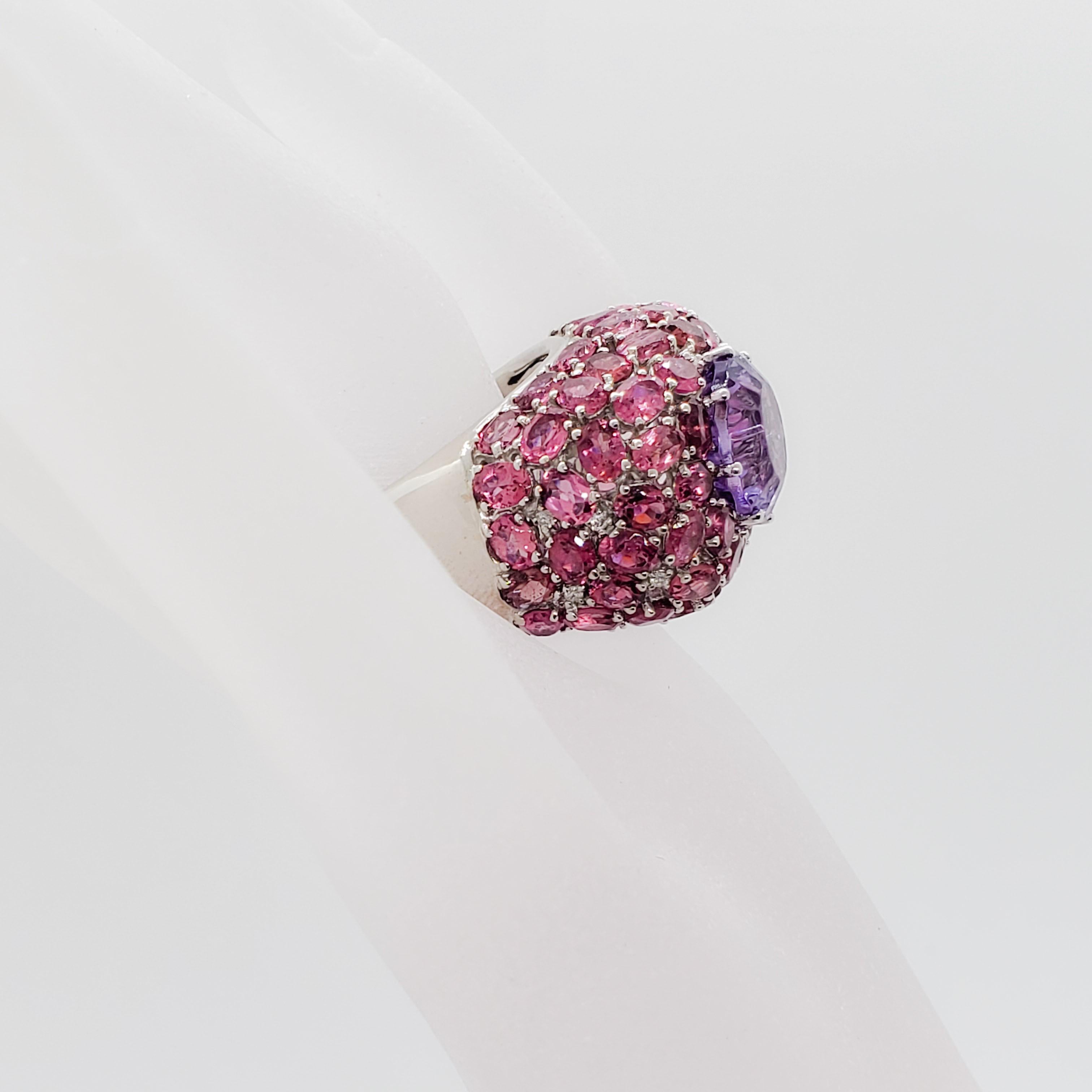 Estate Amethyst Round and Pink Tourmaline Cocktail Ring with White Diamonds In Excellent Condition For Sale In Los Angeles, CA