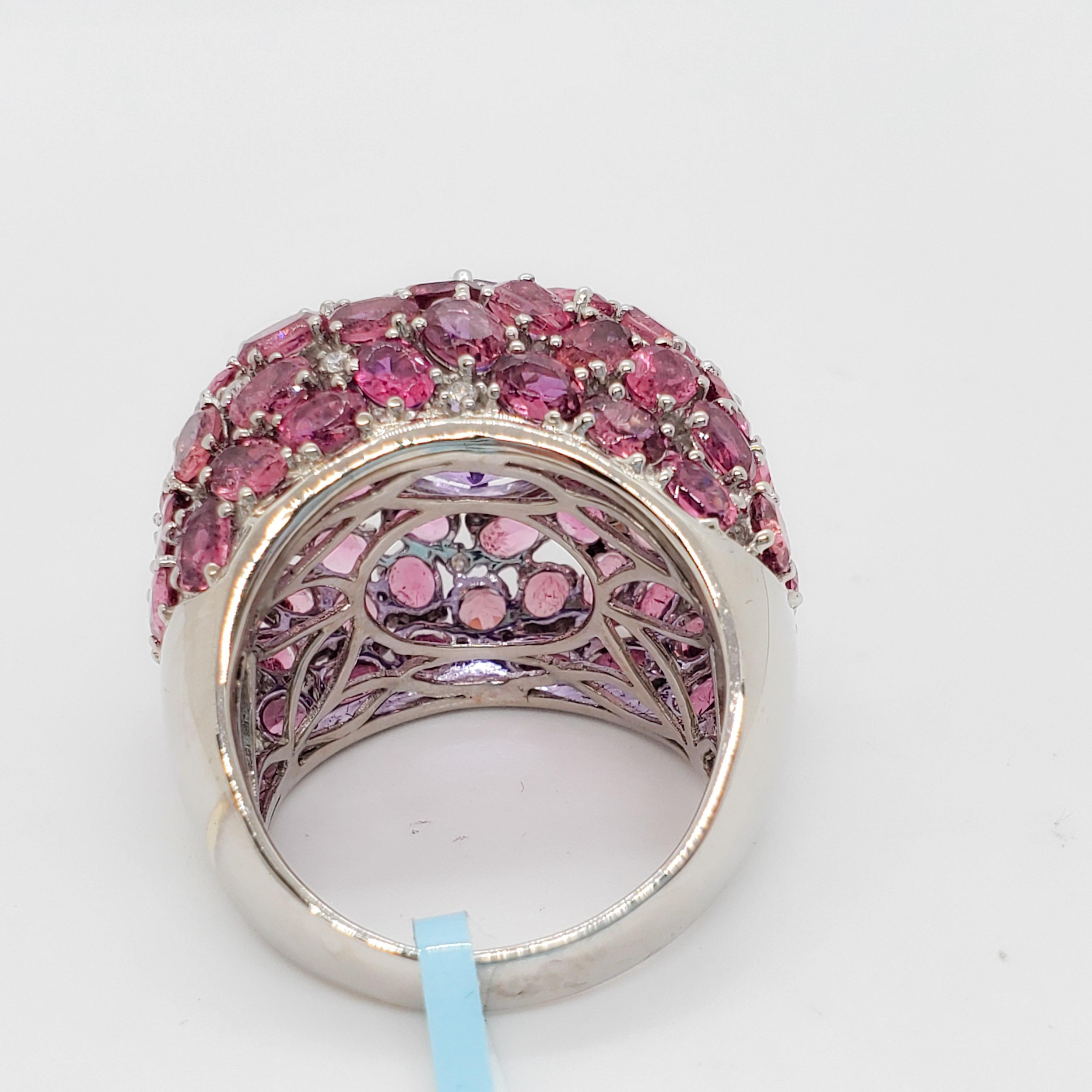 Women's or Men's Estate Amethyst Round and Pink Tourmaline Cocktail Ring with White Diamonds For Sale