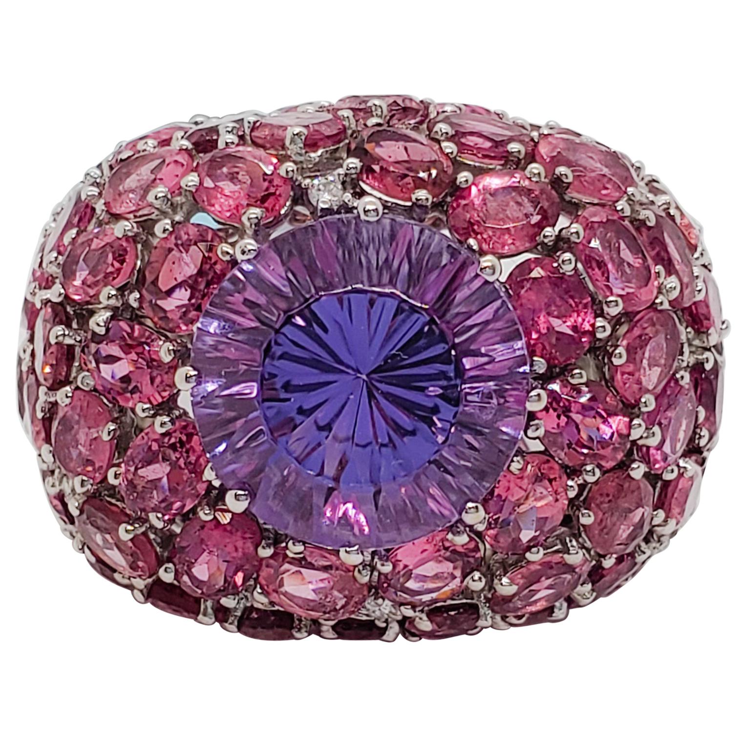 Estate Amethyst Round and Pink Tourmaline Cocktail Ring with White Diamonds For Sale