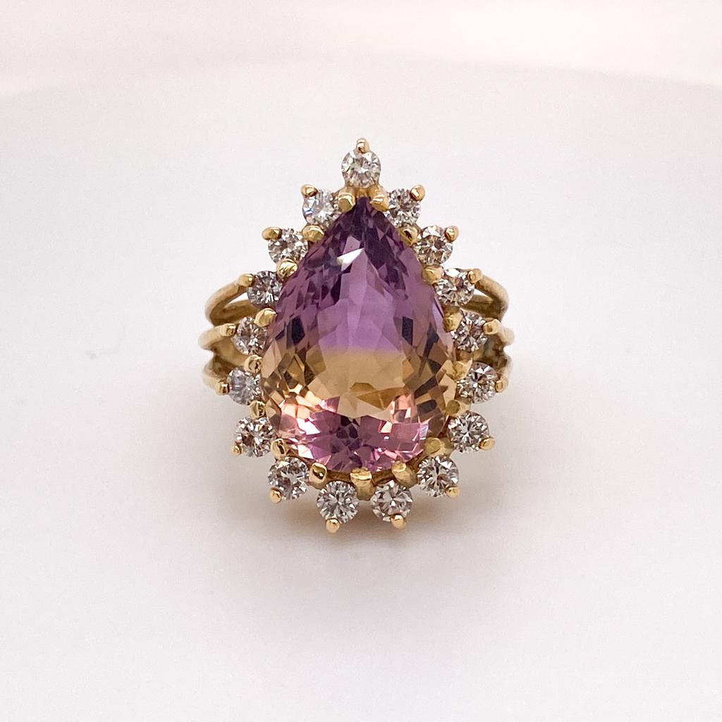 Estate Ametrine Pear Diamond Cluster 14K Yellow Gold Wirework Teardrop Halo Ring In Excellent Condition For Sale In Austin, TX