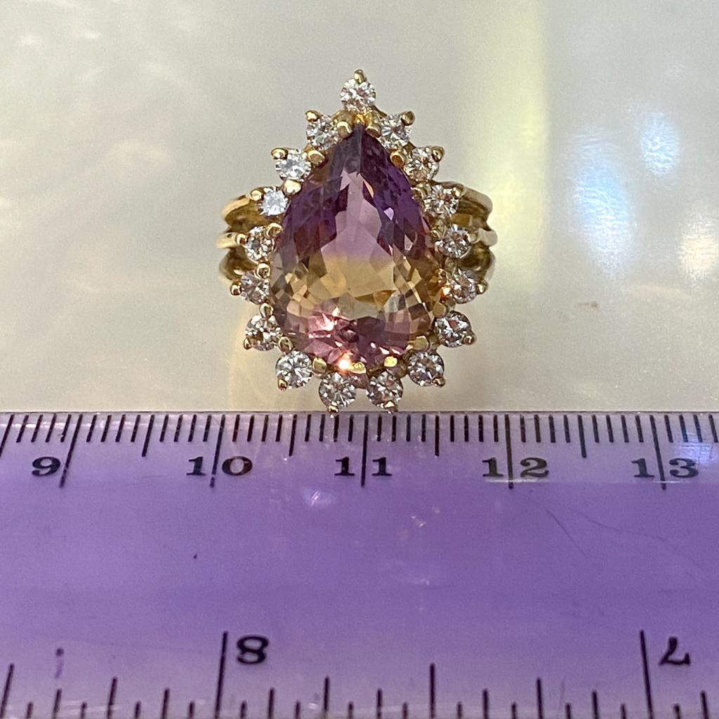 Estate Ametrine Pear Diamond Cluster 14K Yellow Gold Wirework Teardrop Halo Ring For Sale 1