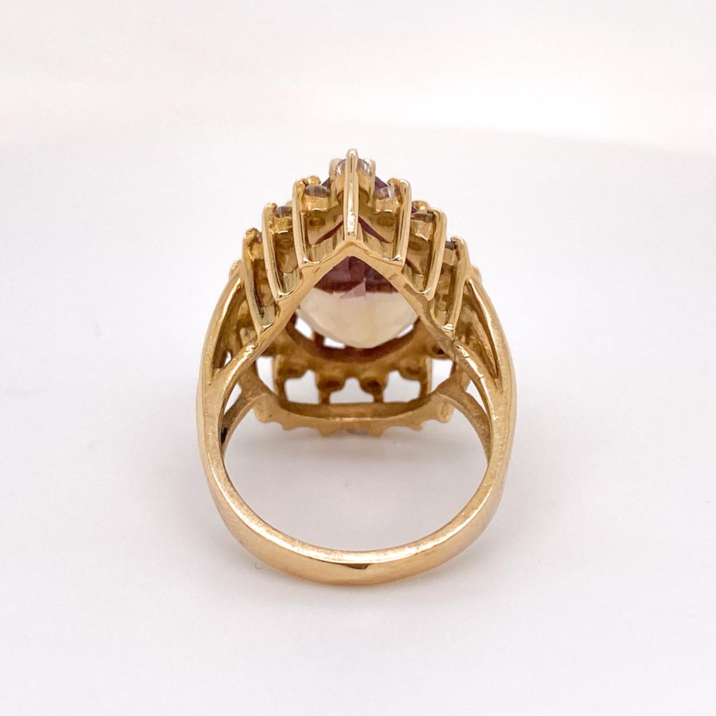 Estate Ametrine Pear Diamond Cluster 14K Yellow Gold Wirework Teardrop Halo Ring For Sale 2