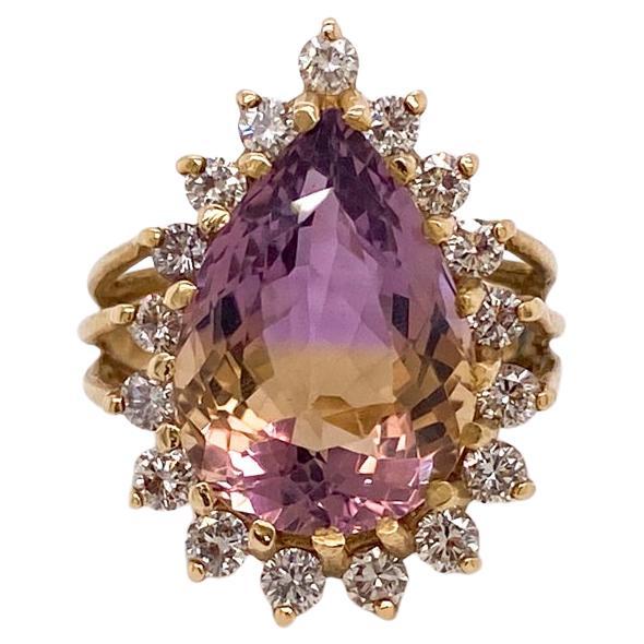 Nachlass Ametrine Birnen-Diamant-Cluster 14K Gelbgold Drahtarbeit Tropfen-Halo-Ring im Angebot