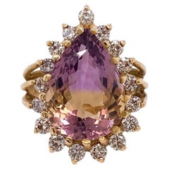 Retro Estate Ametrine Pear Diamond Cluster 14K Yellow Gold Wirework Teardrop Halo Ring