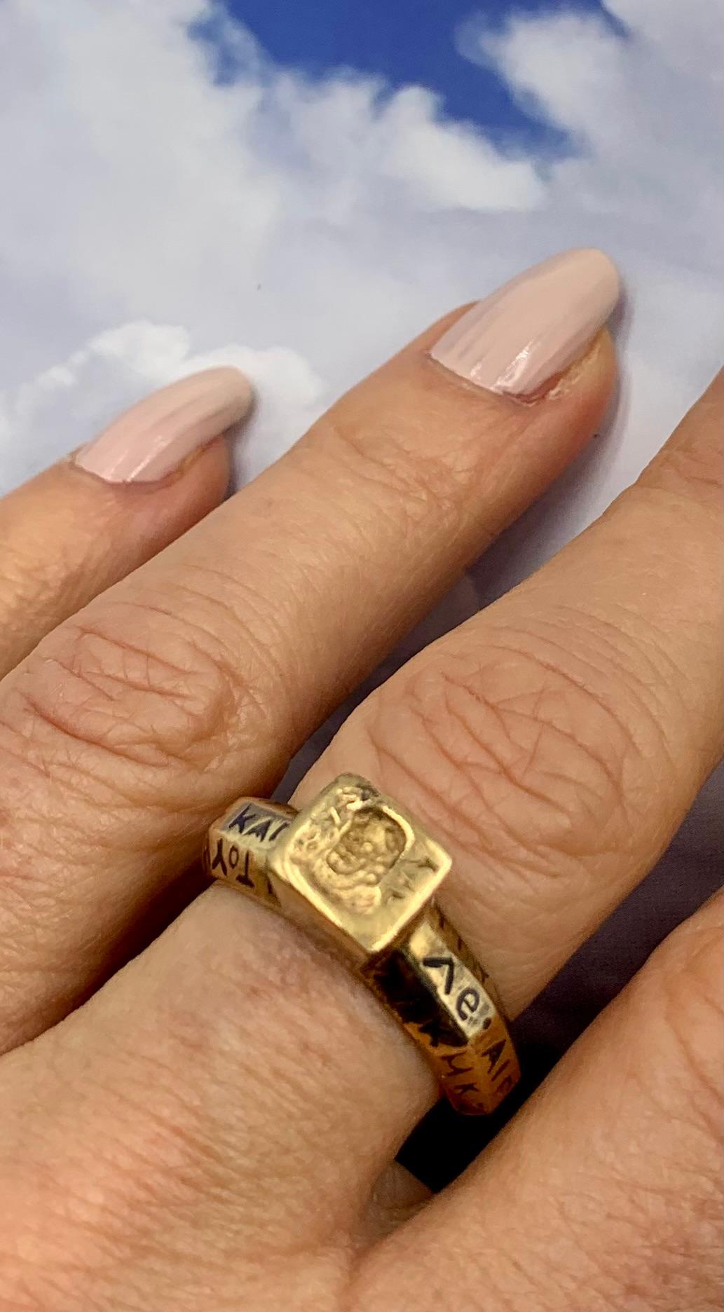Estate Ancient Greek Style 14K Yellow Gold Enamel Octagonal Amulet Signet Ring For Sale 3