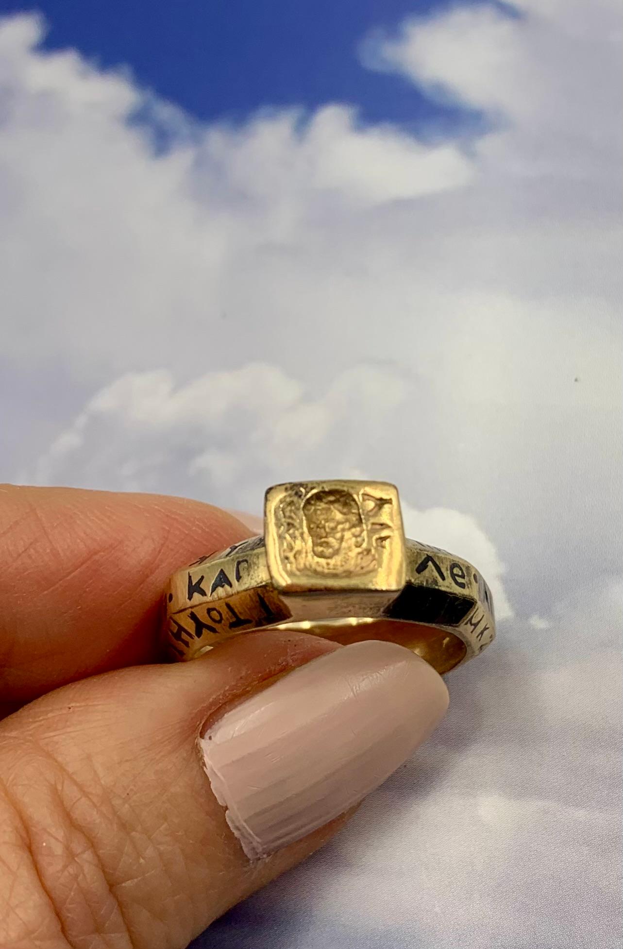 Women's or Men's Estate Ancient Greek Style 14K Yellow Gold Enamel Octagonal Amulet Signet Ring For Sale