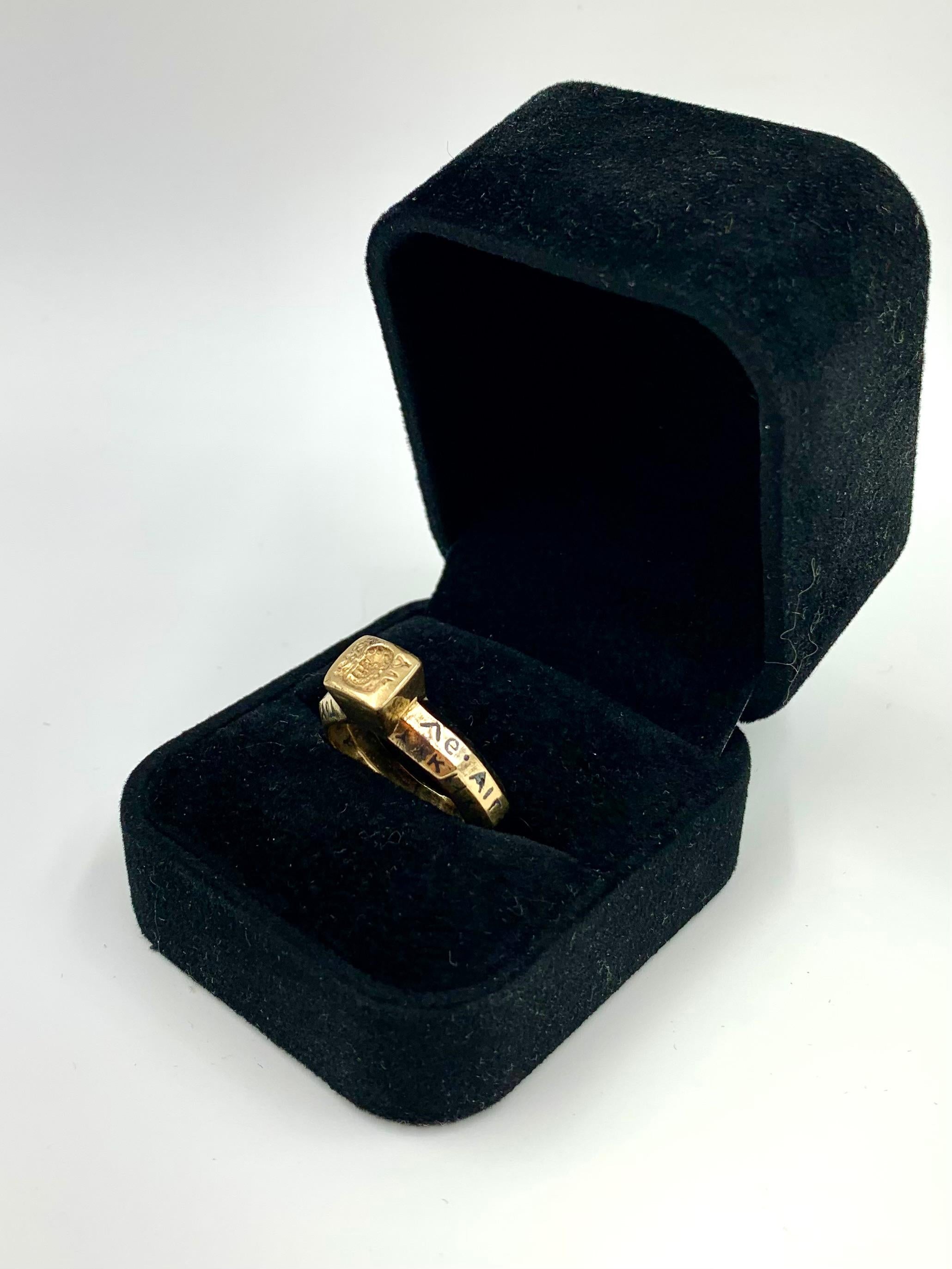 Women's or Men's Estate Ancient Greek Style 14K Yellow Gold Enamel Octagonal Amulet Signet Ring For Sale