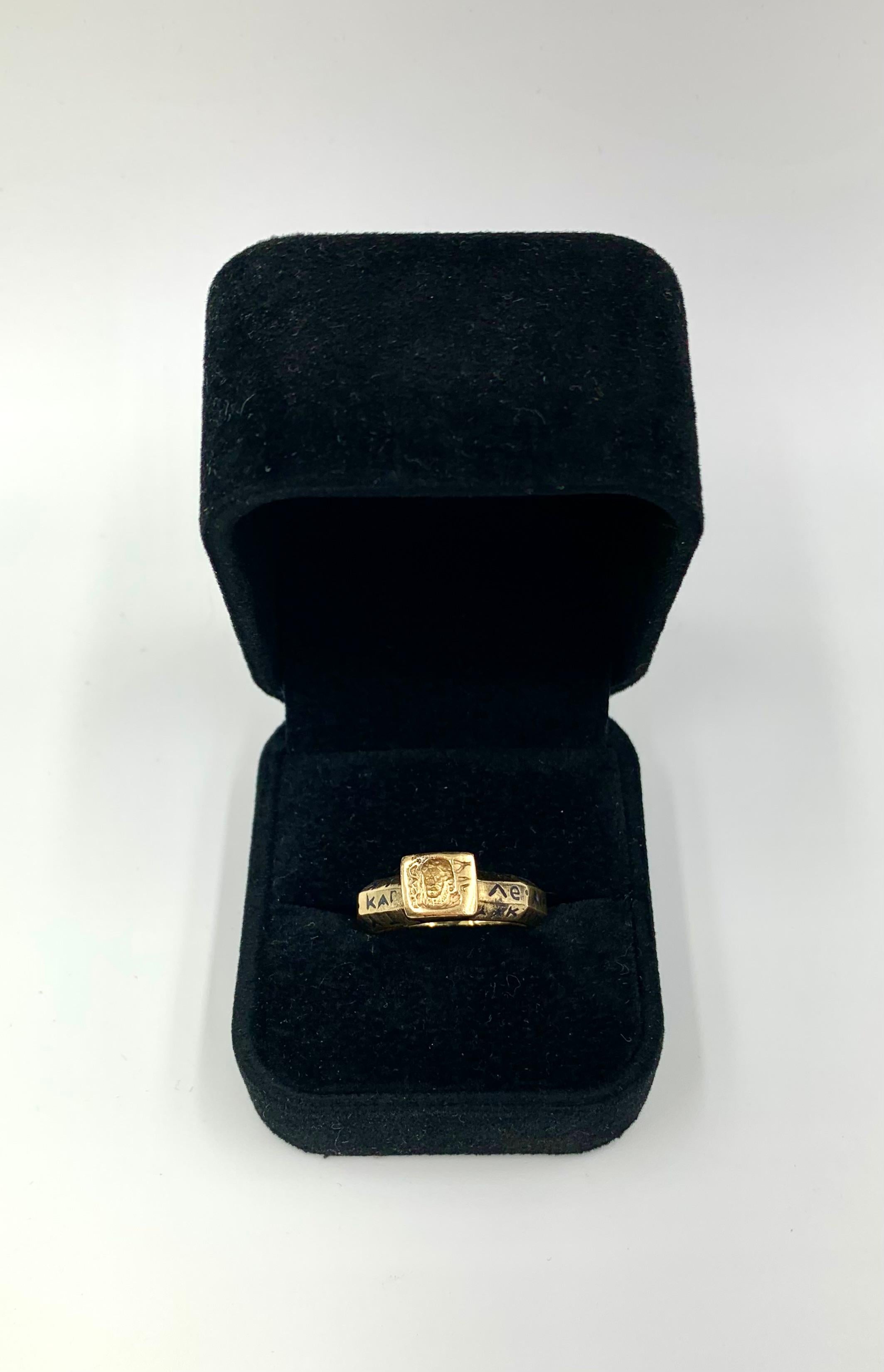 Estate Ancient Greek Style 14K Yellow Gold Enamel Octagonal Amulet Signet Ring For Sale 1