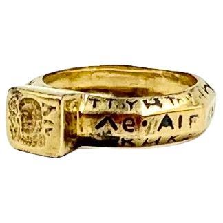 Estate Ancient Greek Style 14K Yellow Gold Enamel Octagonal Amulet Signet Ring For Sale