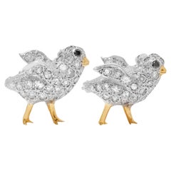 Estate Pavé Diamond Brooch Pair Of Animated Baby Chicks