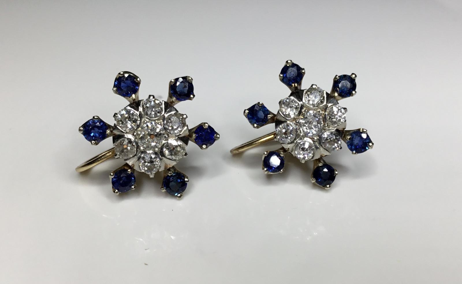 Women's or Men's Estate Antique 14K Yellow Gold 2.5 CTW Mine Cut Diamond Sapphire Clipon Earrings For Sale