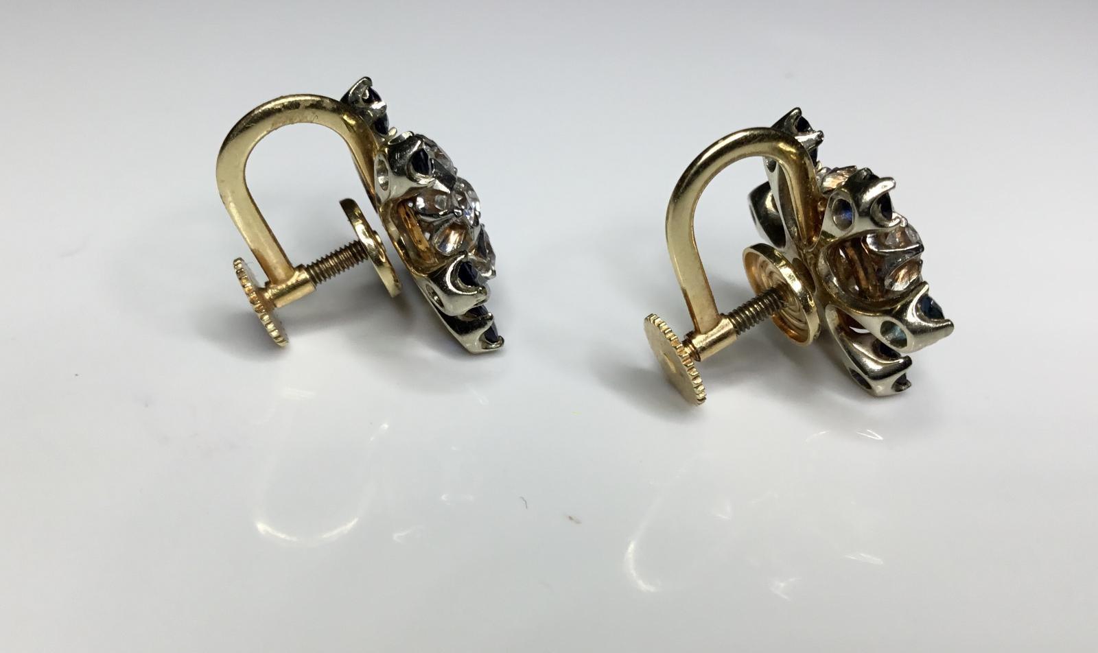 Estate Antique 14K Yellow Gold 2.5 CTW Mine Cut Diamond Sapphire Clipon Earrings For Sale 2