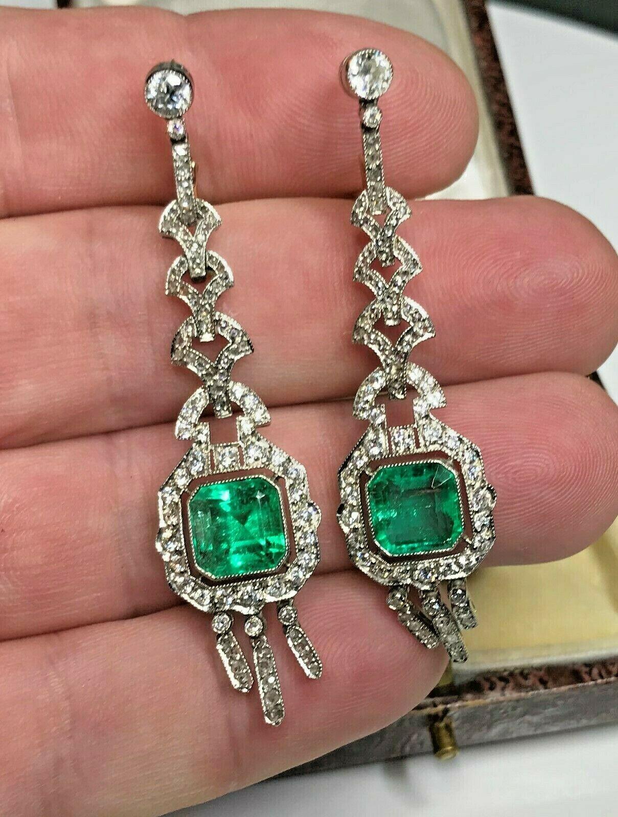 Estate Antique Art Deco Platinum 7.57 Carat Diamond and Emerald Dangle Earrings 5
