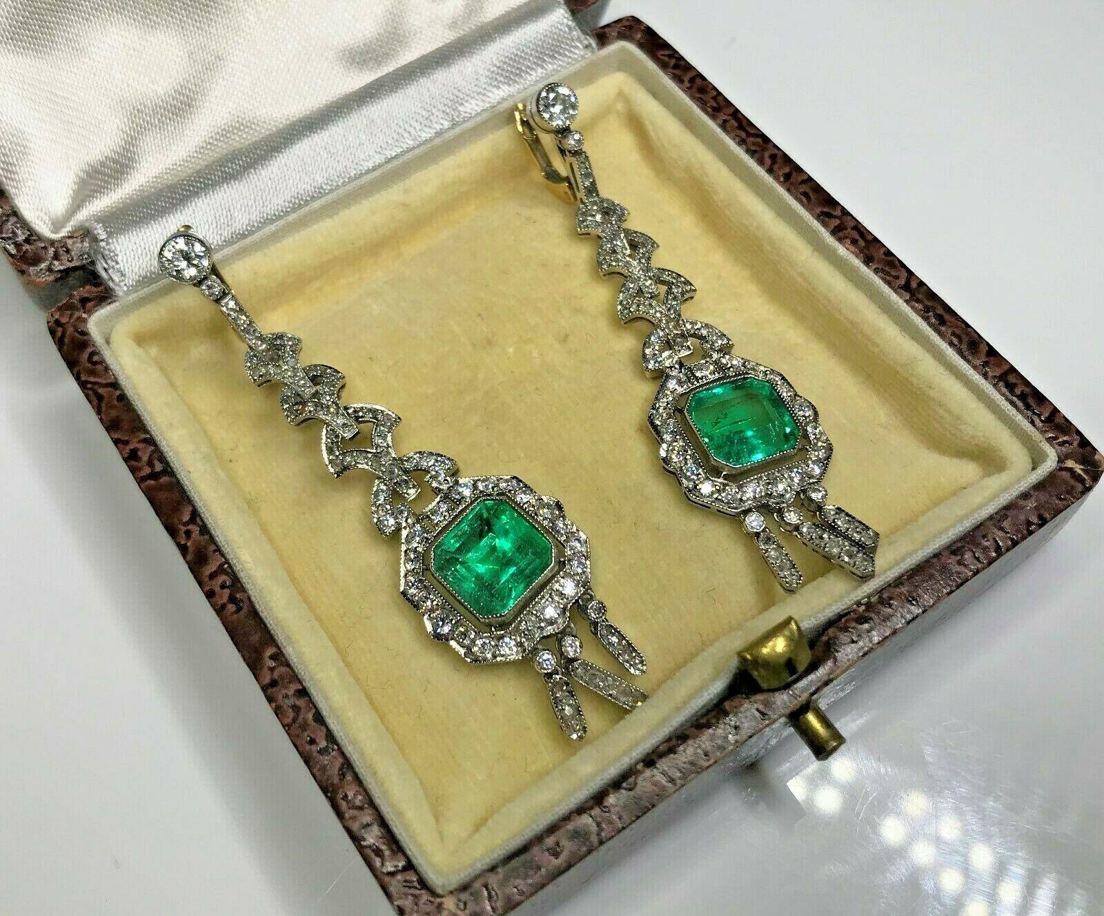 Estate Antique Art Deco Platinum 7.57 Carat Diamond and Emerald Dangle Earrings 6