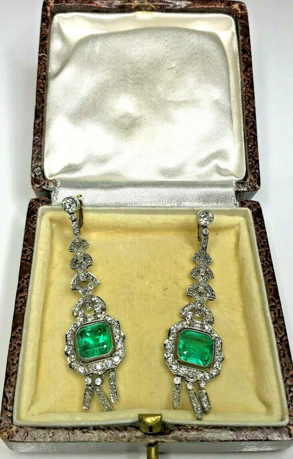 Cushion Cut Estate Antique Art Deco Platinum 7.57 Carat Diamond and Emerald Dangle Earrings
