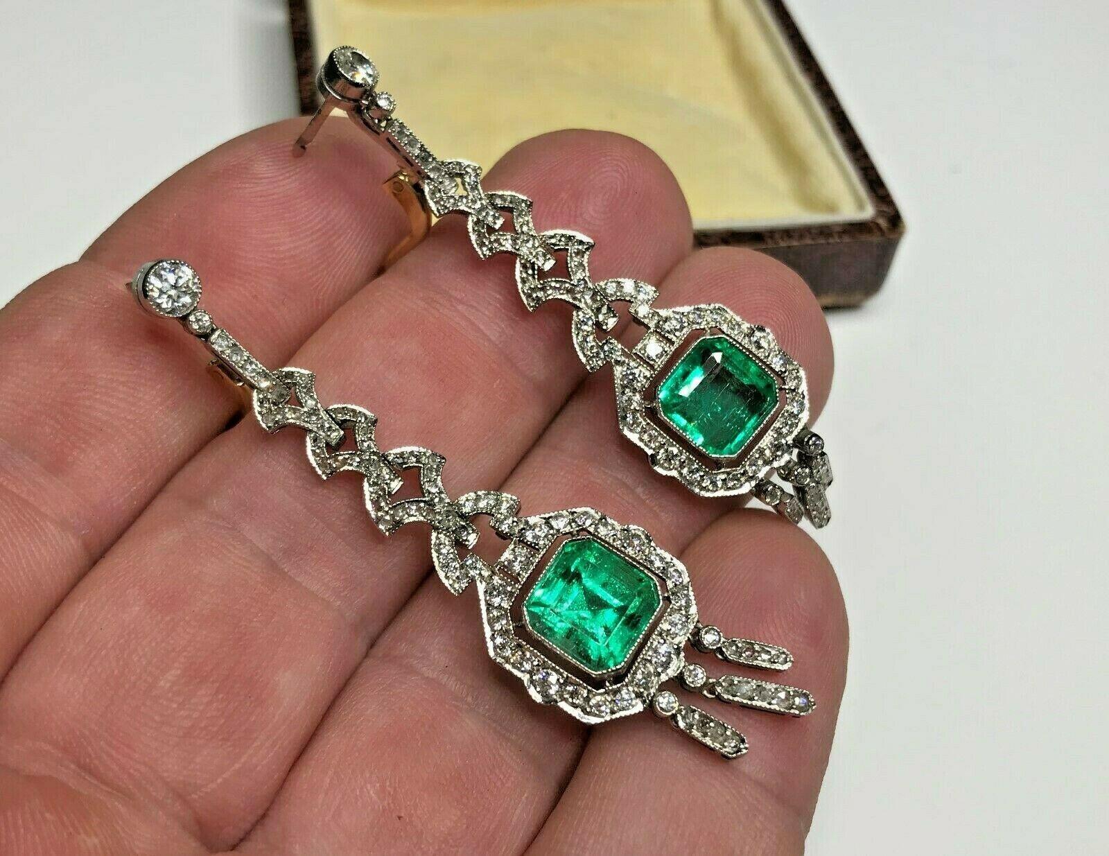 Estate Antique Art Deco Platinum 7.57 Carat Diamond and Emerald Dangle Earrings In Excellent Condition In Houston, TX