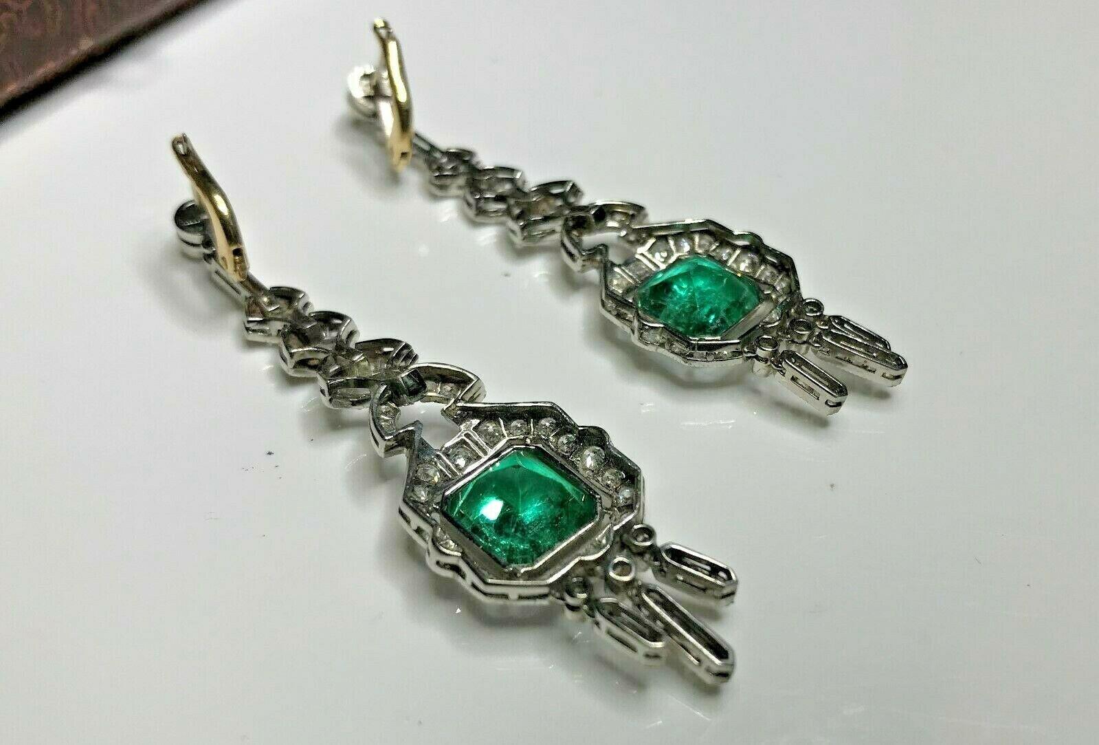 Women's or Men's Estate Antique Art Deco Platinum 7.57 Carat Diamond and Emerald Dangle Earrings