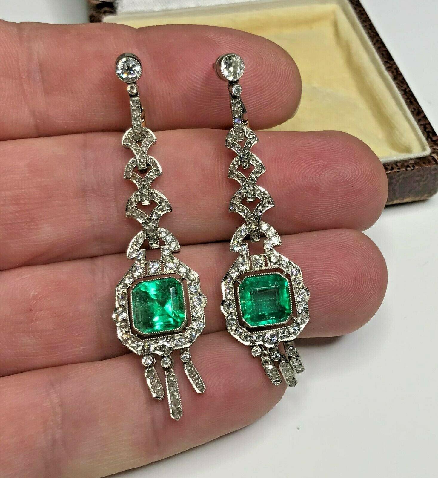 Estate Antique Art Deco Platinum 7.57 Carat Diamond and Emerald Dangle Earrings 1