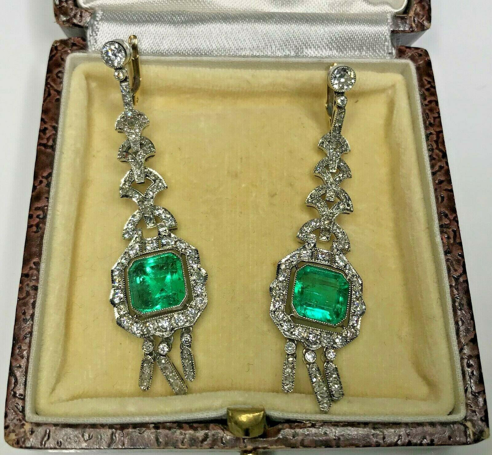 Estate Antique Art Deco Platinum 7.57 Carat Diamond and Emerald Dangle Earrings 2