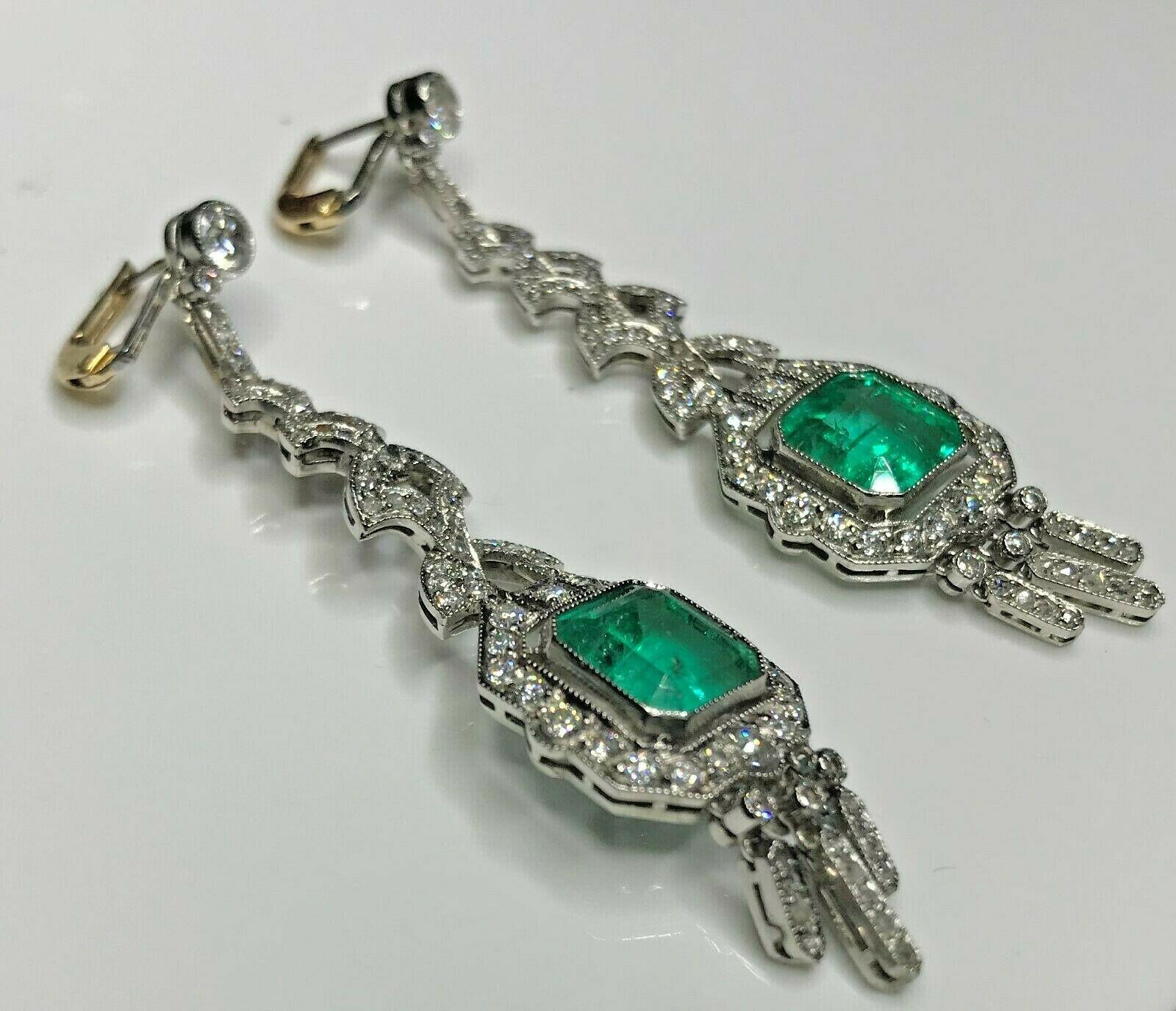 Estate Antique Art Deco Platinum 7.57 Carat Diamond and Emerald Dangle Earrings 3