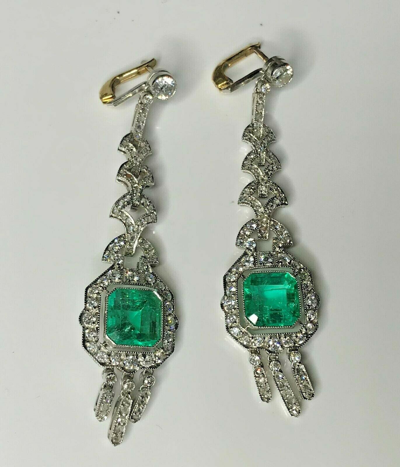 Estate Antique Art Deco Platinum 7.57 Carat Diamond and Emerald Dangle Earrings 4