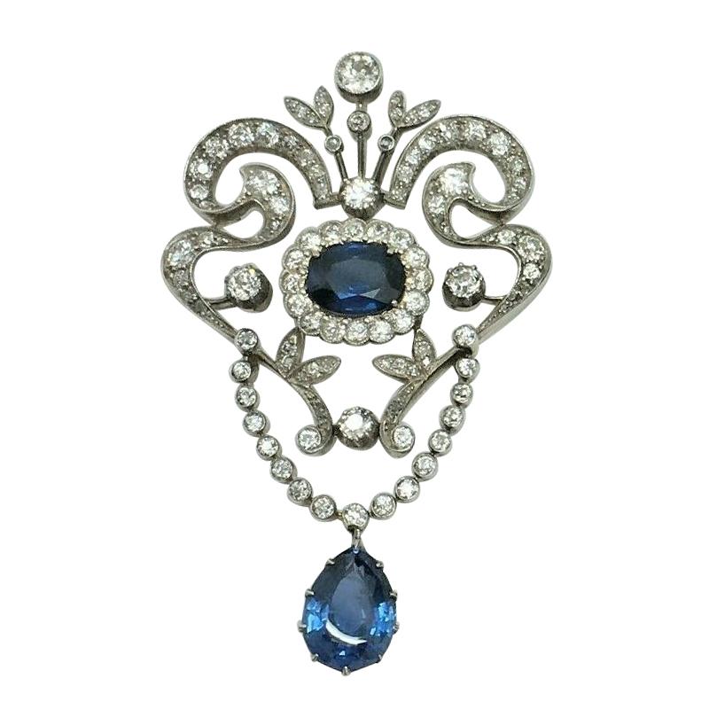 Estate Antique GIA Art Deco 12.86 Old European Diamonds and Sapphire Brooch Pin For Sale