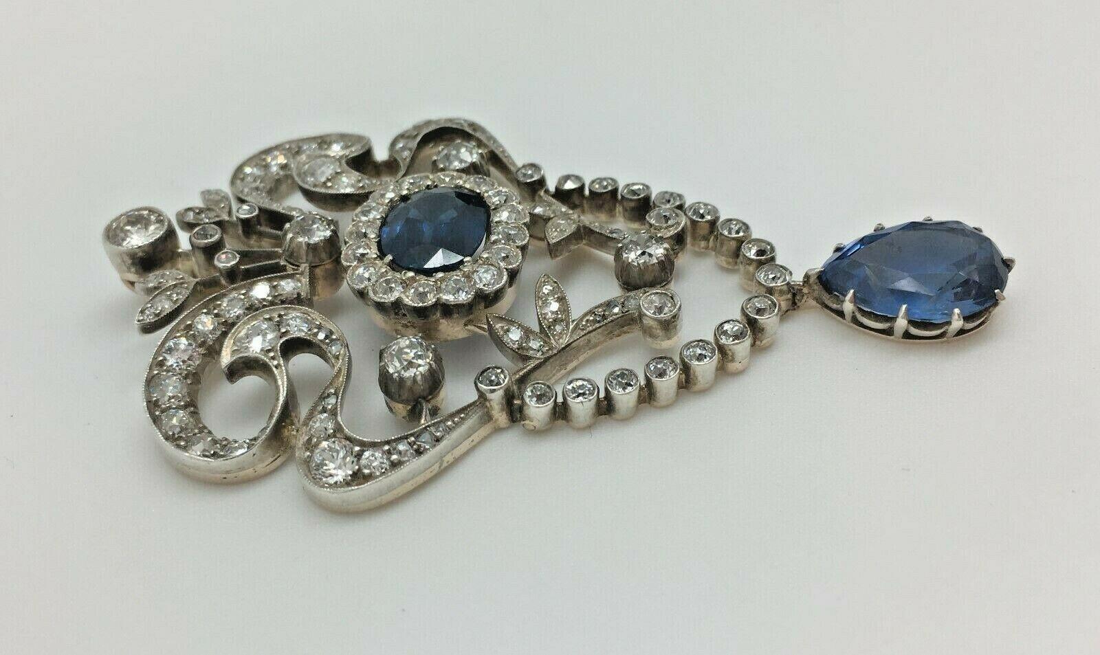 Estate Antique GIA Art Deco 12.86 Old European Diamonds and Sapphire Brooch Pin In Excellent Condition For Sale In Houston, TX