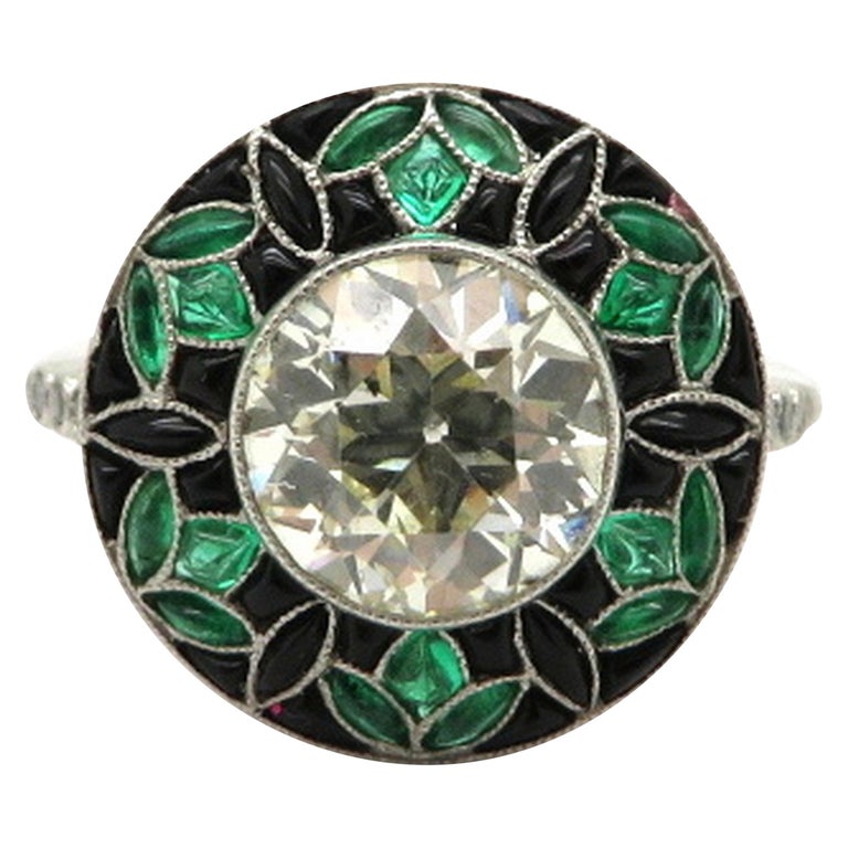 Estate Antique Platinum Art Deco Style 2.26 Carat Diamond, Emerald and Onyx  Ring For Sale at 1stDibs
