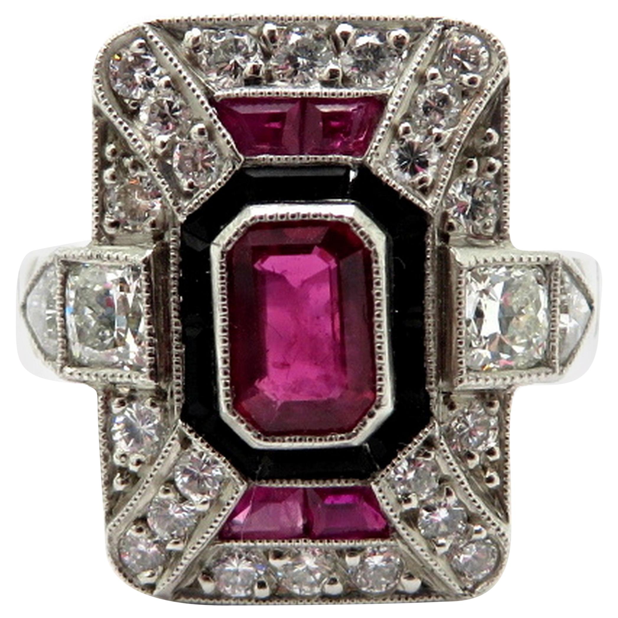 Estate Antique Platinum Diamond Ruby and Onyx Art Deco Style Ring