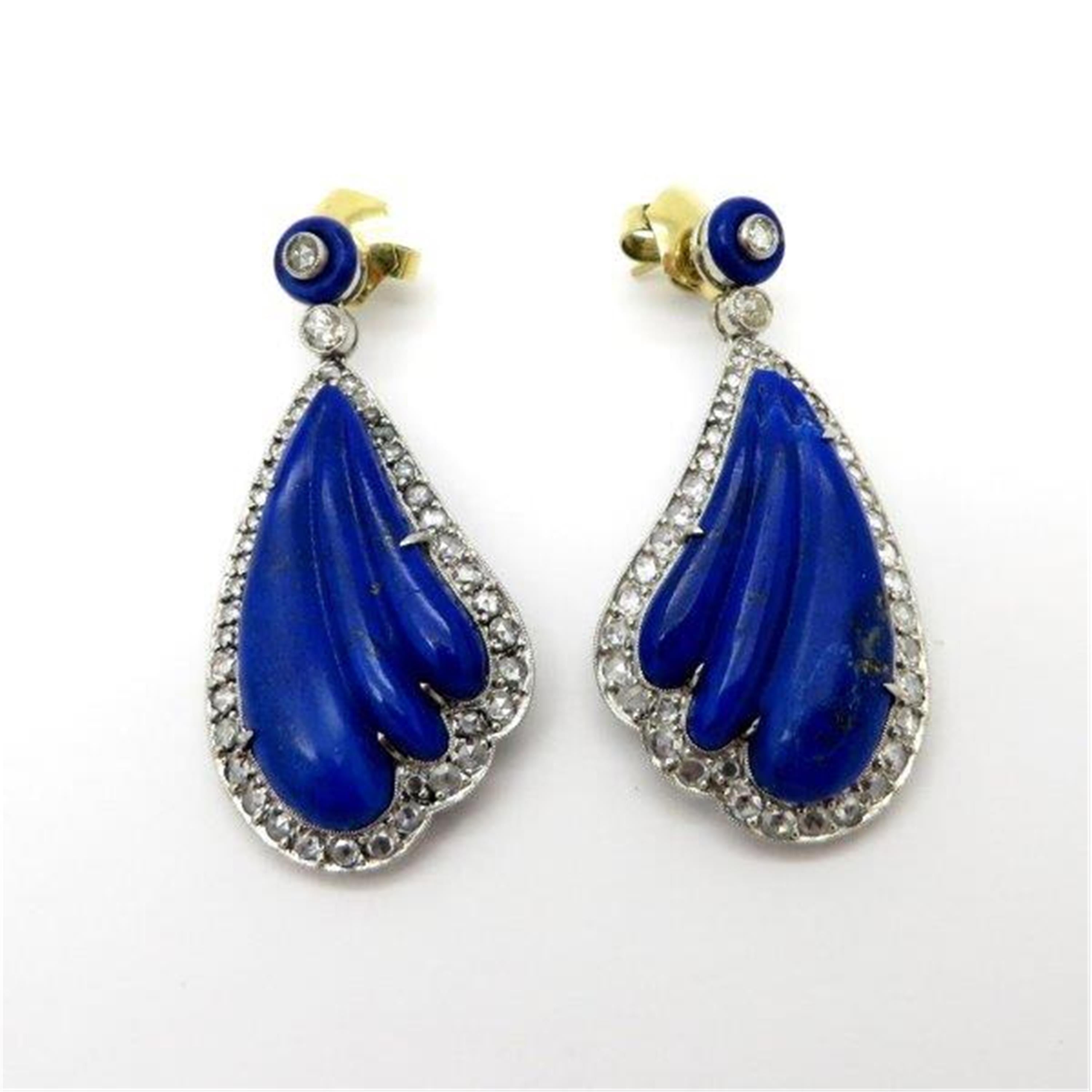 Estate Antique Platinum Lapis Lazuli and Rose Cut Diamond Dangle Earrings In Excellent Condition For Sale In Scottsdale, AZ