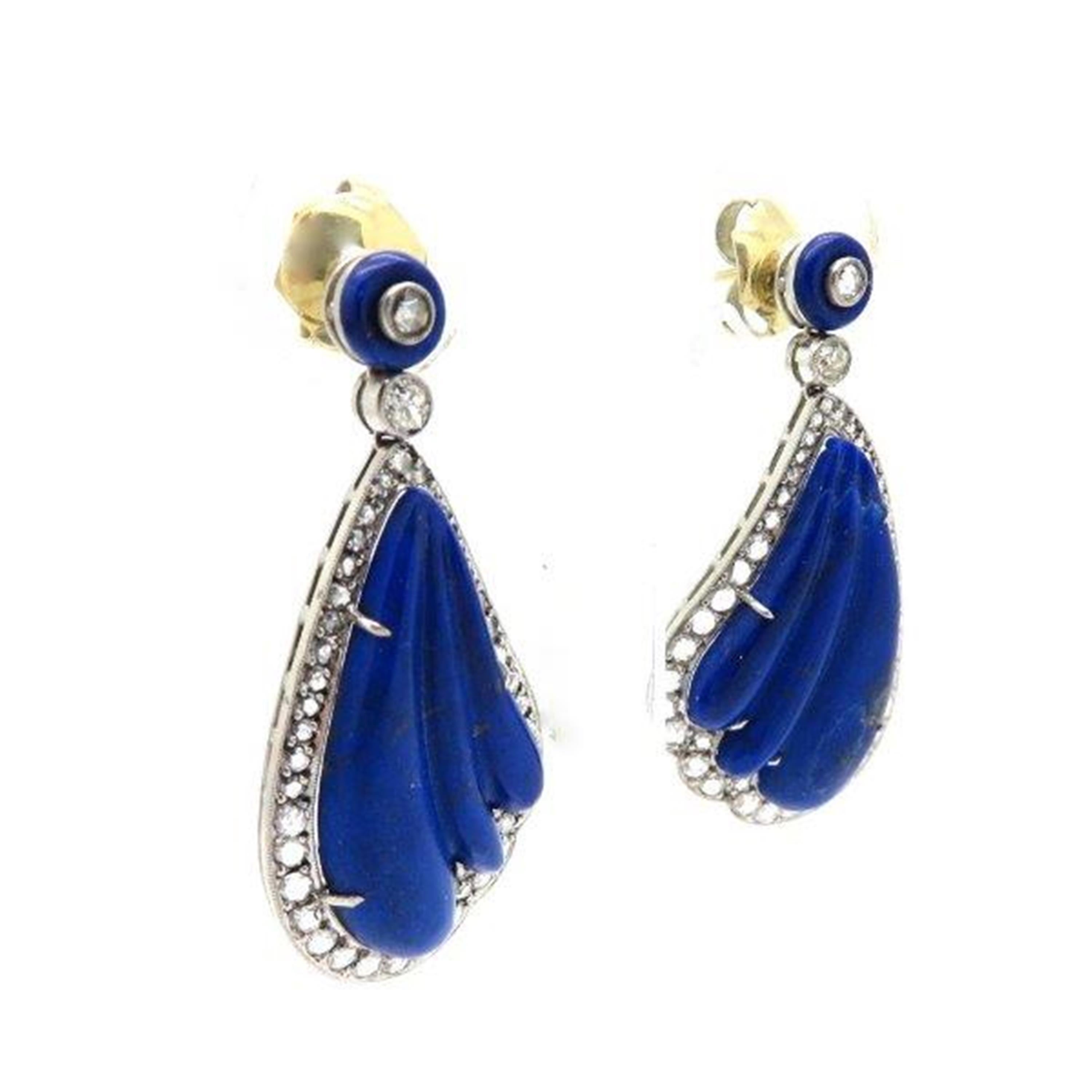 Estate Antique Platinum Lapis Lazuli and Rose Cut Diamond Dangle Earrings For Sale 2