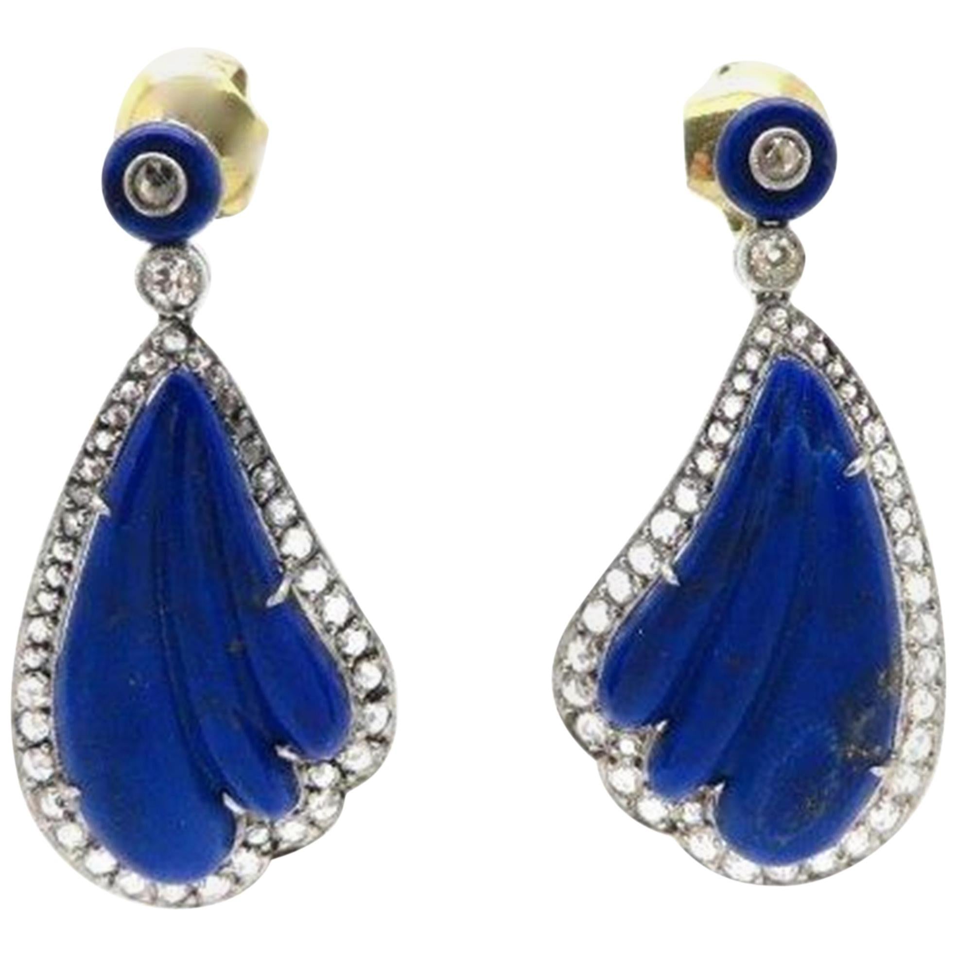 Estate Antique Platinum Lapis Lazuli and Rose Cut Diamond Dangle Earrings For Sale