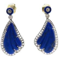 Estate Antique Platinum Lapis Lazuli and Rose Cut Diamond Dangle Earrings
