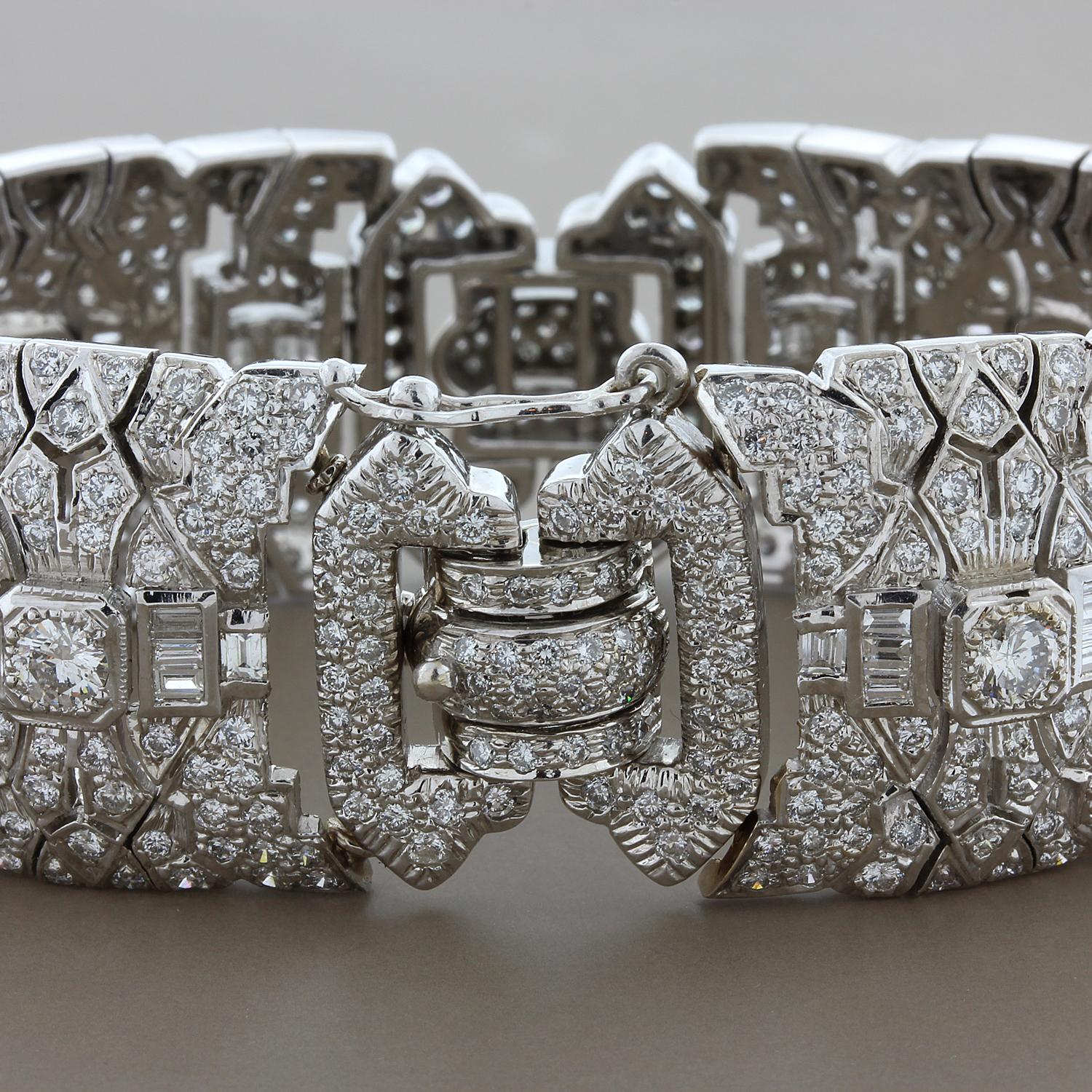This captivating estate bracelet features approximately 10 carats of round and baguette cut diamonds in an antique Art Deco style. Set in 18K white gold, the bracelet has a seamless finish with the diamonds going around full circle and a safety