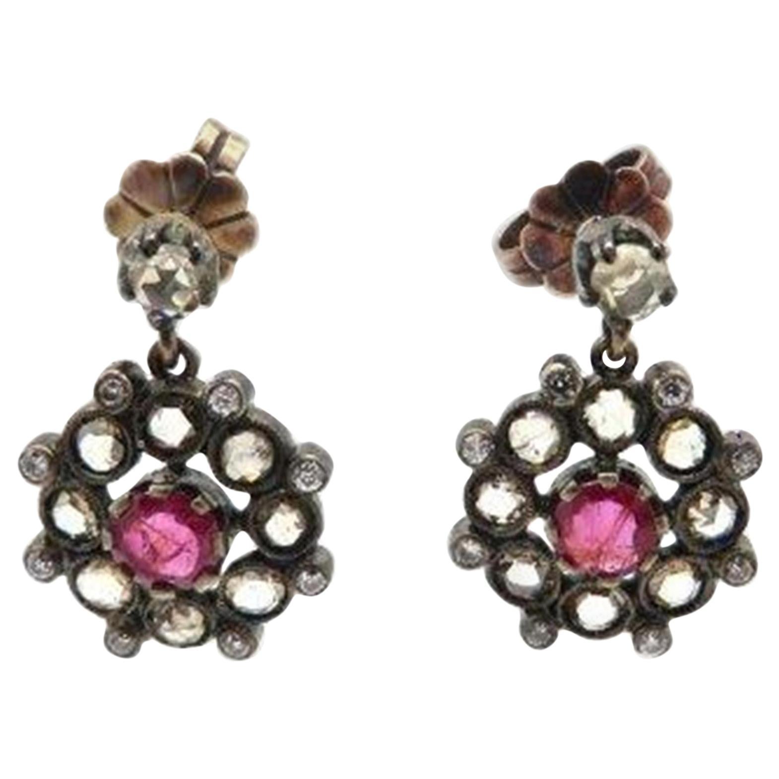 Estate Antique Victorian Style Ruby and Rose Cut Diamond Dangle Flower Earrings