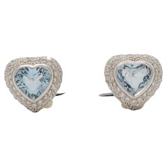 Estate Aquamarine and Diamond Heart Earring Studs in 18k White Gold