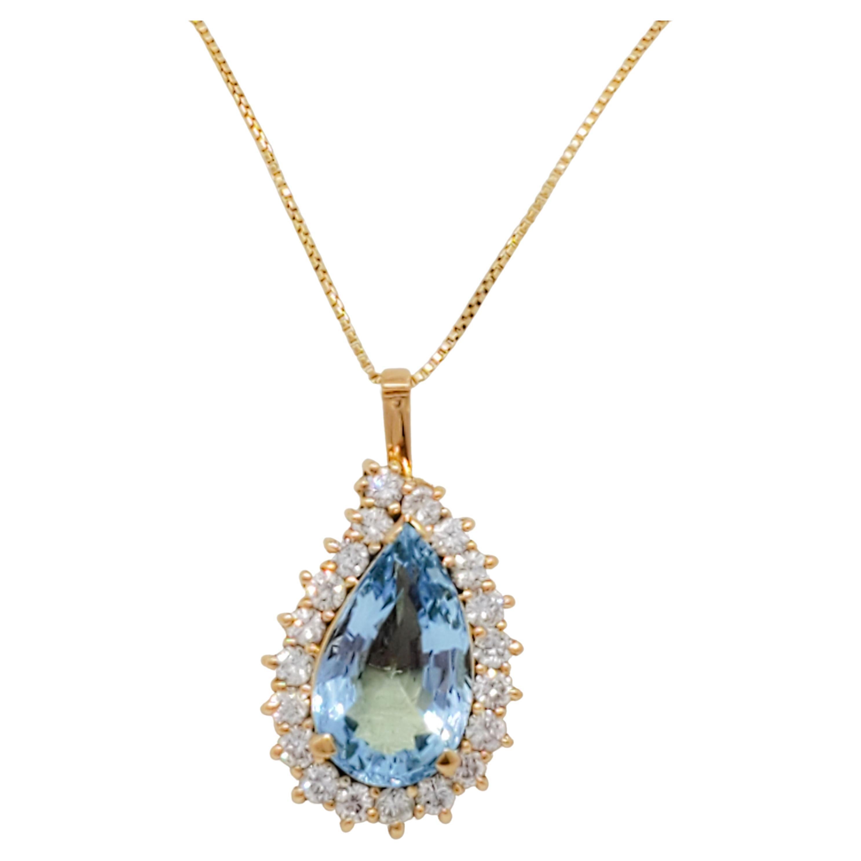 Estate Aquamarine and Diamond Teardrop Pendant Necklace in 18k Yellow Gold