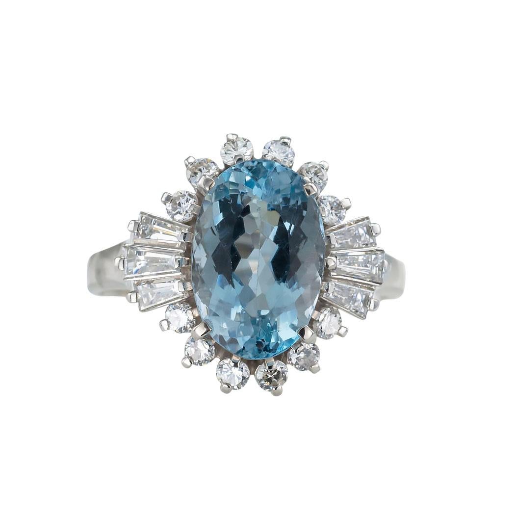 Oval Cut Estate Aquamarine Diamond Platinum Cluster Ring