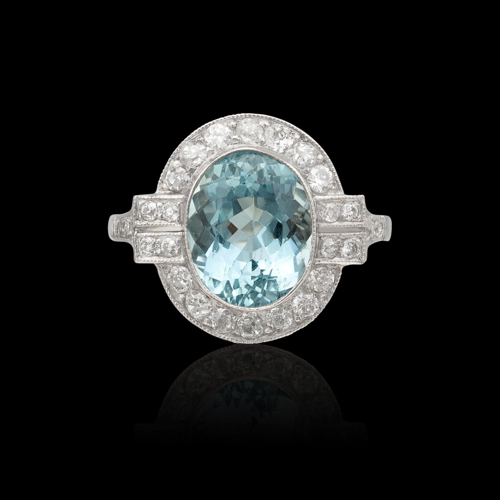 Art Déco Anello con acquamarina e diamante in vendita