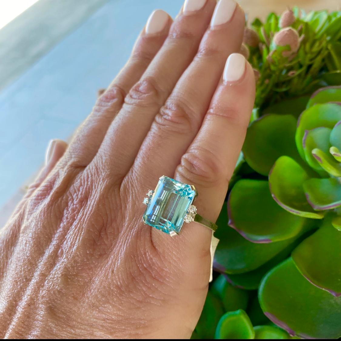 Emerald Cut Estate Aquamarine & Diamond Ring For Sale