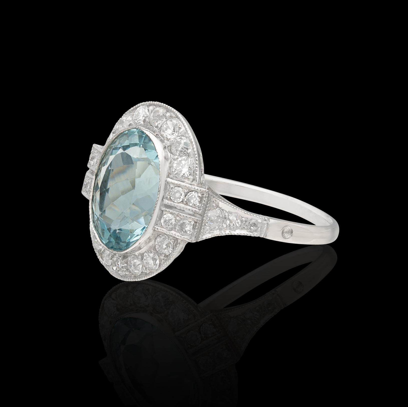 Oval Cut Estate Aquamarine & Diamond Ring For Sale