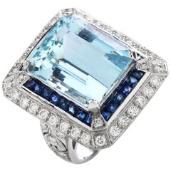 Estate Aquamarine Diamond Sapphire 18 Karat Gold Cocktail Ring
