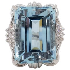 Estate Aquamarine Emerald Cut and White Diamond Cocktail Ring in Platinum