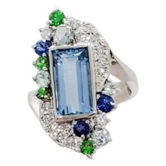 Estate Aquamarine Emerald Cut, Multi-Color Diamond and White Diamond Ring