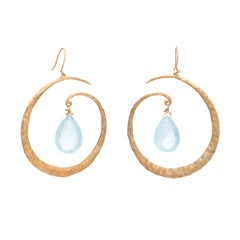 Estate Aquamarine Large Hoop Drop Earrings 18 Karat Yellow Gold Hammered Jewelry