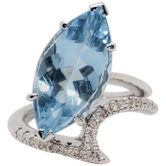Estate Aquamarine Marquise and White Diamond Round Cocktail Ring in Platinum